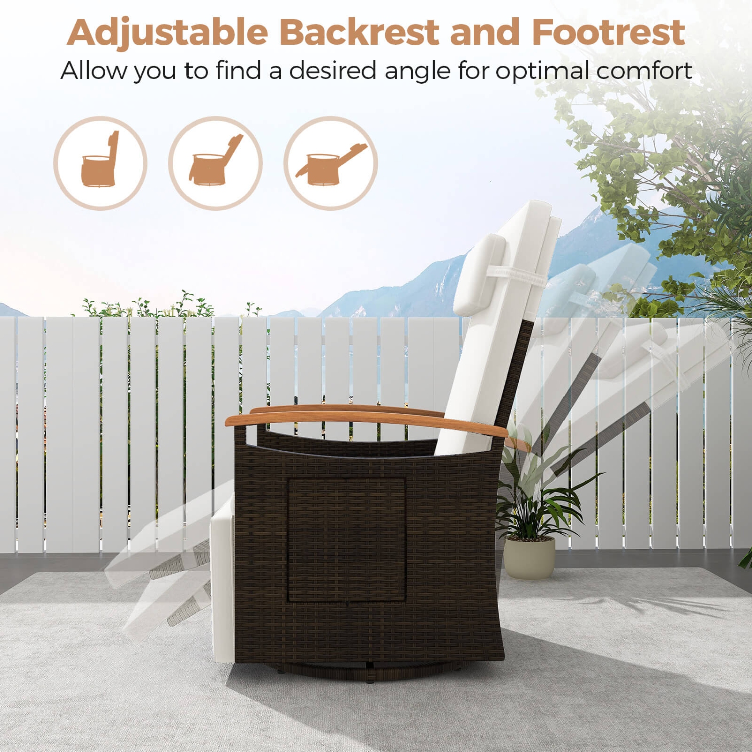 Costway Outdoor 360° Swivel Rattan Recliner Chair Patio Wicker Chaise Lounge Chair