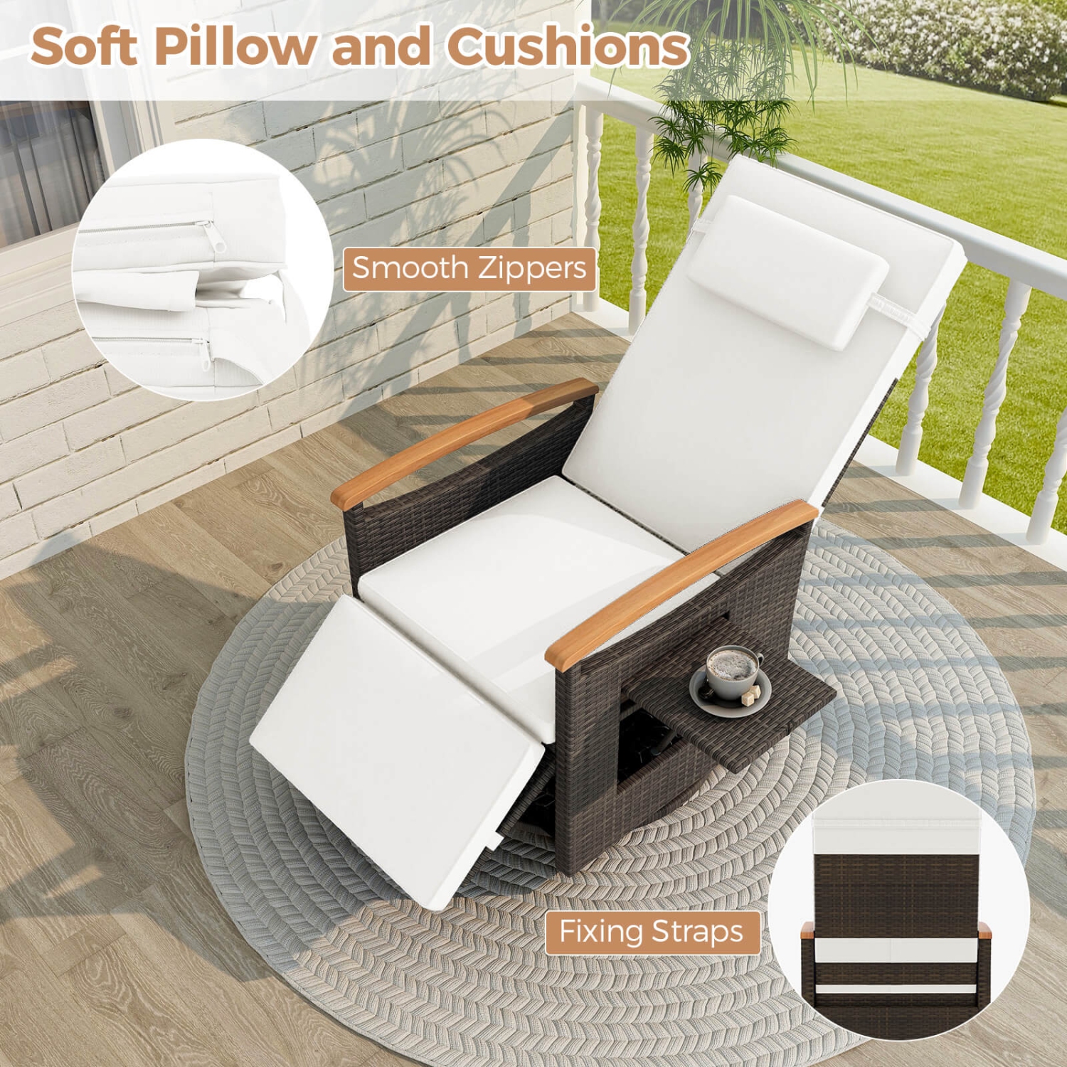 Costway Outdoor 360° Swivel Rattan Recliner Chair Patio Wicker Chaise Lounge Chair