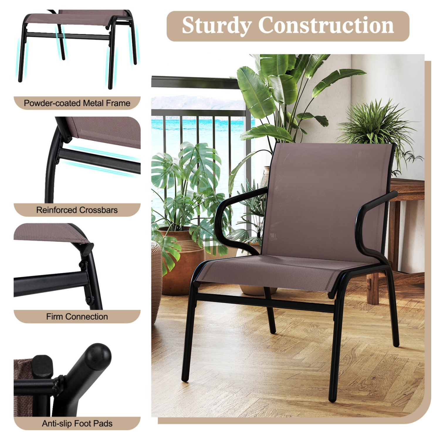 2/4/6 de chaises de patio avec cadre en métal et tissu perméable à l'air de Costway pour brun piscine/gris