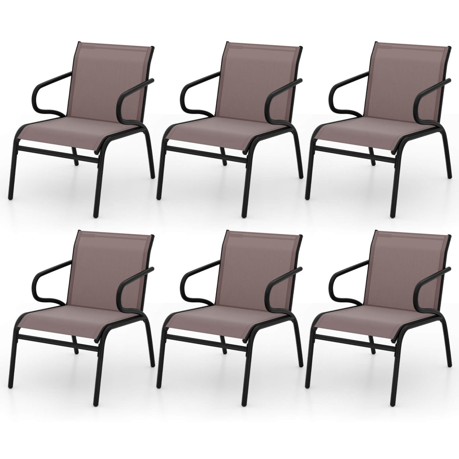 Costway Patio Chairs Set of 2/4/6 with Breathable Fabric & Metal Frame Armrests for Poolside Brown/Gay
