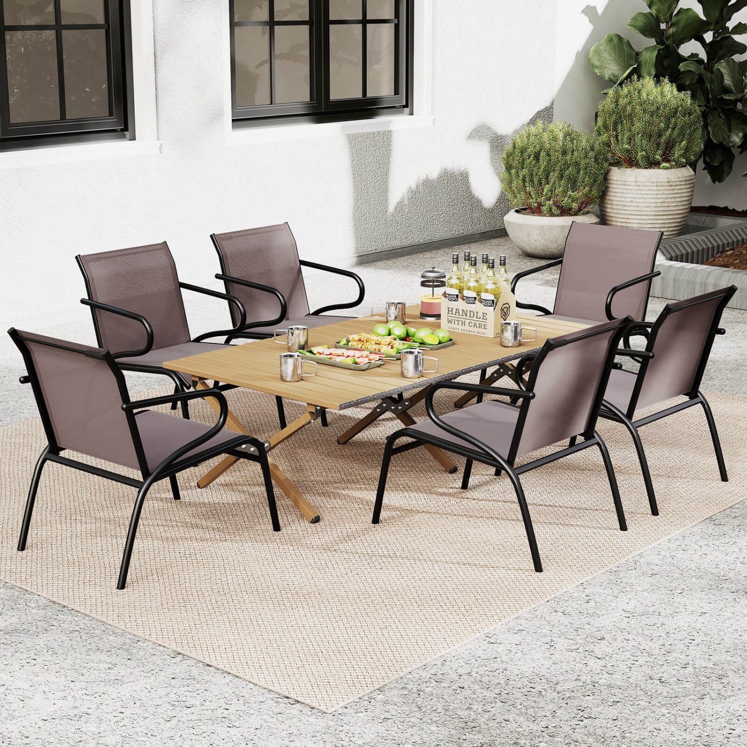 Costway Patio Chairs Set of 2/4/6 with Breathable Fabric & Metal Frame Armrests for Poolside Brown/Gay