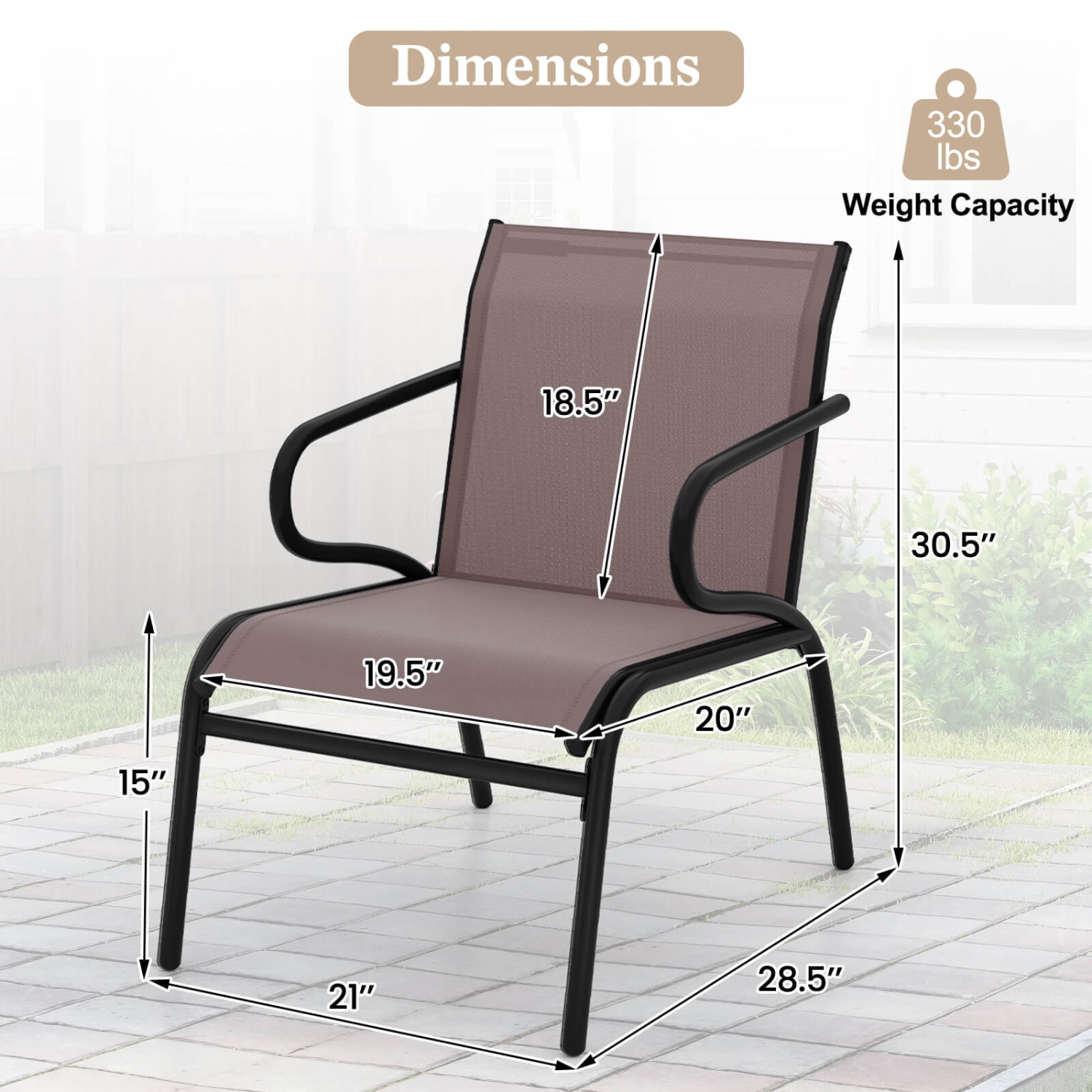 Costway Patio Chairs Set of 2/4/6 with Breathable Fabric & Metal Frame Armrests for Poolside Brown/Gay
