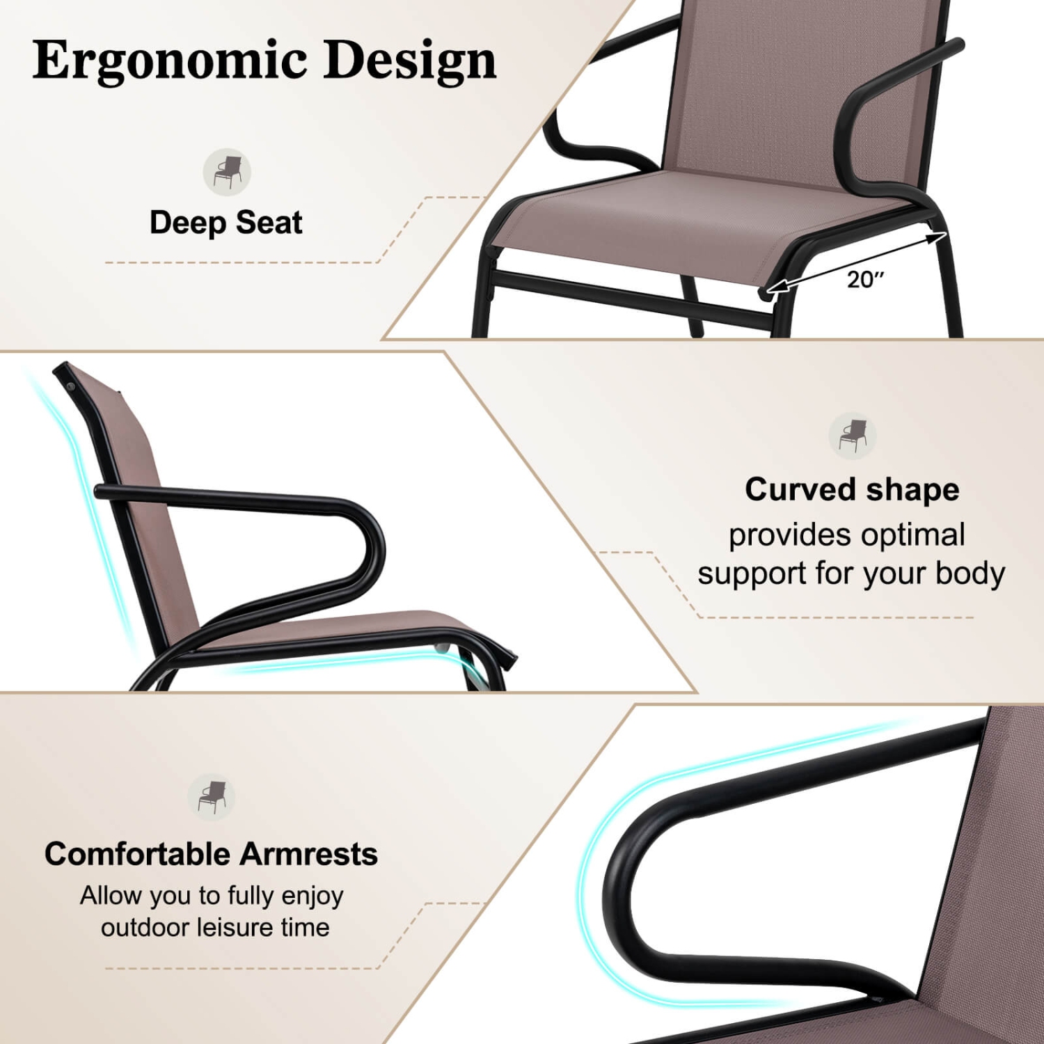 Costway Patio Chairs Set of 2/4/6 with Breathable Fabric & Metal Frame Armrests for Poolside Brown/Gay