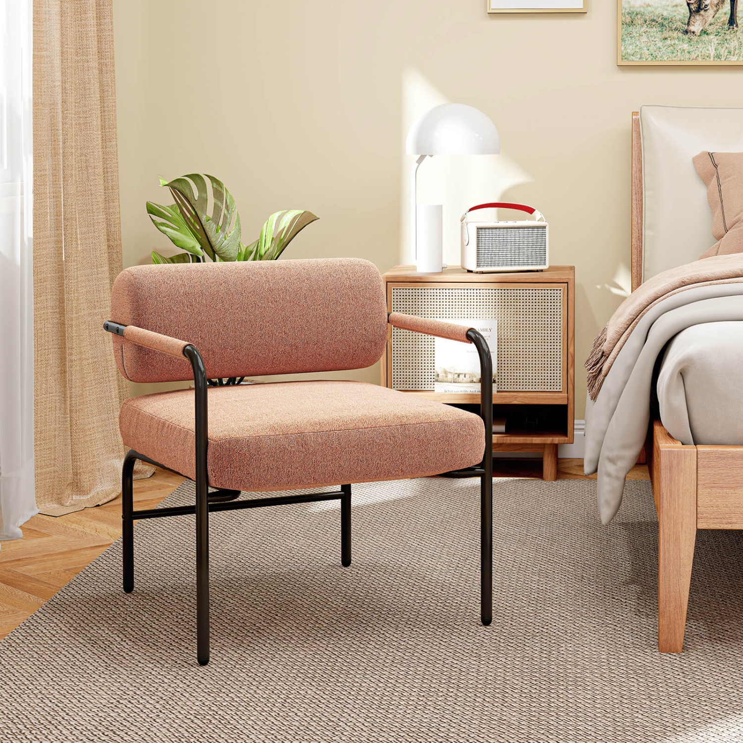 Costway 1/2 PCS Modern Velvet Upholstered Accent Chair with Cylindrical Backrest & Metal Armrests White/Brown