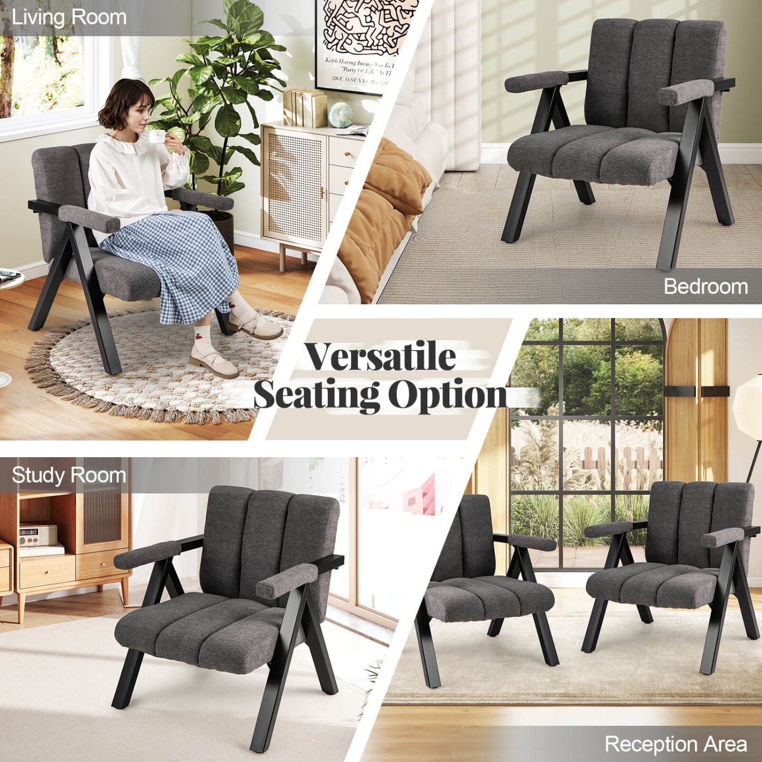 Costway 1/2 PCS Oversized Accent Chair with Metal Frame & Armrests Mid-century Modern Armchair Gray/White