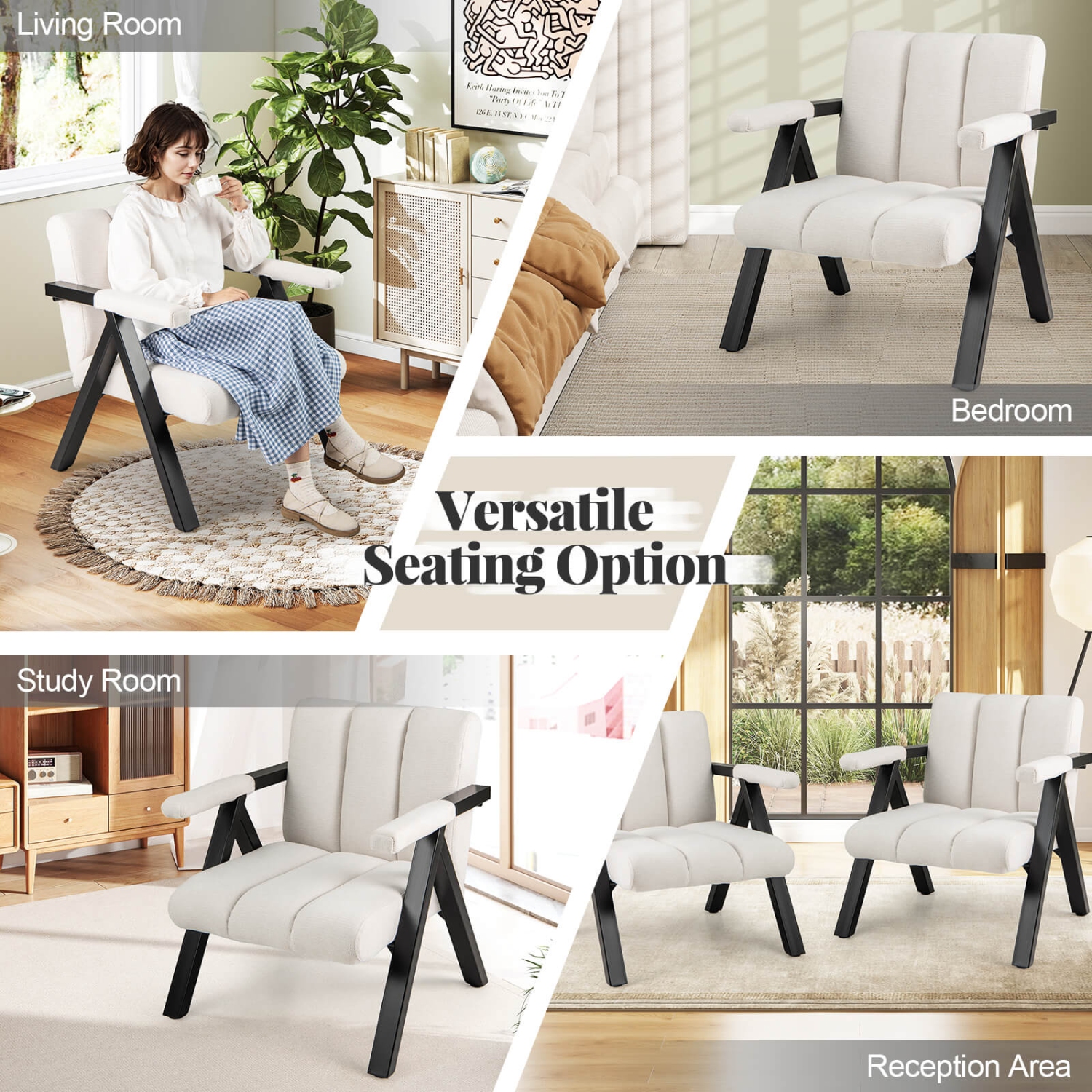 Costway 1/2 PCS Oversized Accent Chair with Metal Frame & Armrests Mid-century Modern Armchair Gray/White