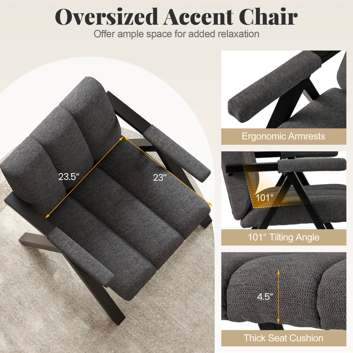 Fauteuil d'appoint surdimensionné PCS de Costway 1/2 avec cadre en métal et accoudoirs Fauteuil moderne mi-siècle gris/blanc