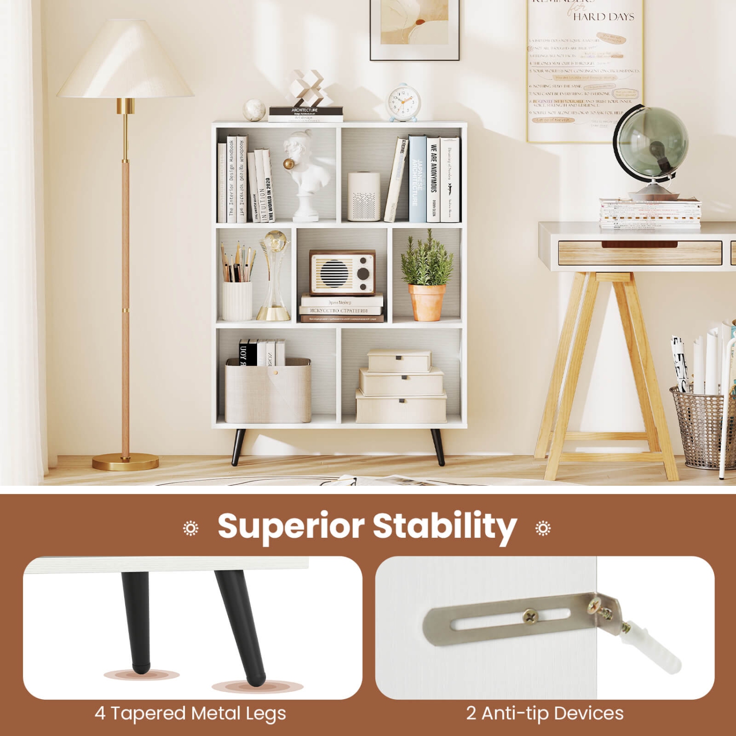 Bibliothèque Cube de 31,5/39,5/47/55&nbsp;po 7/8/10/10 de Costway avec pattes en métal 4/5 2 appareils antibasculement