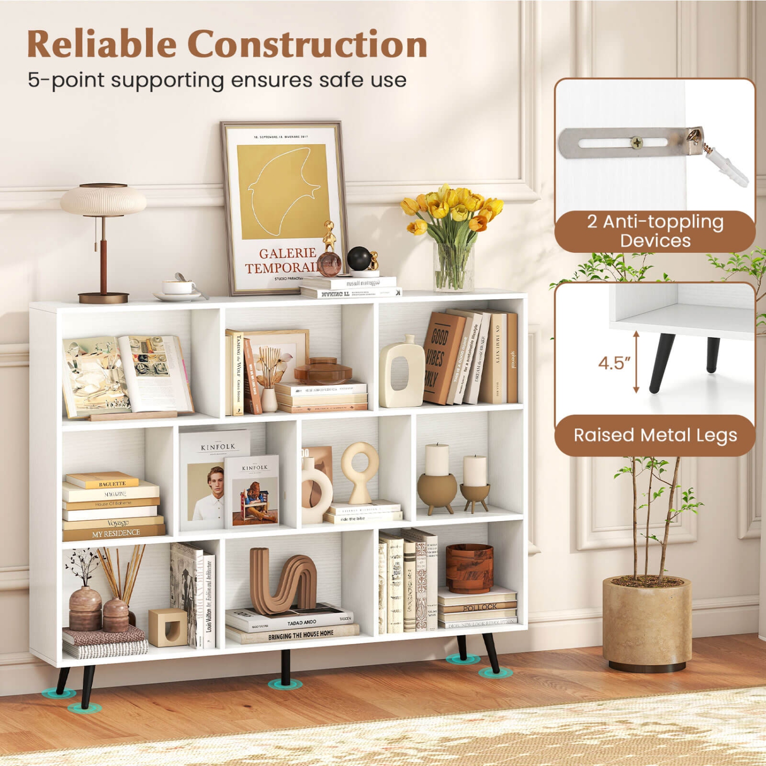 Bibliothèque Cube de 31,5/39,5/47/55&nbsp;po 7/8/10/10 de Costway avec pattes en métal 4/5 2 appareils antibasculement