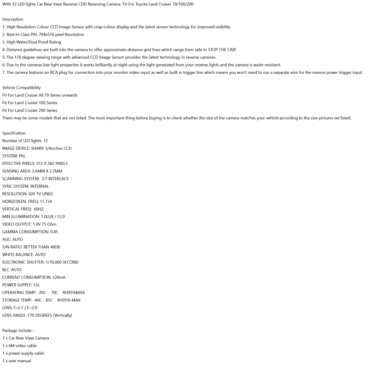 Caméra de recul 12LED Fit pour Toyota Land Cruiser série 70/100/200