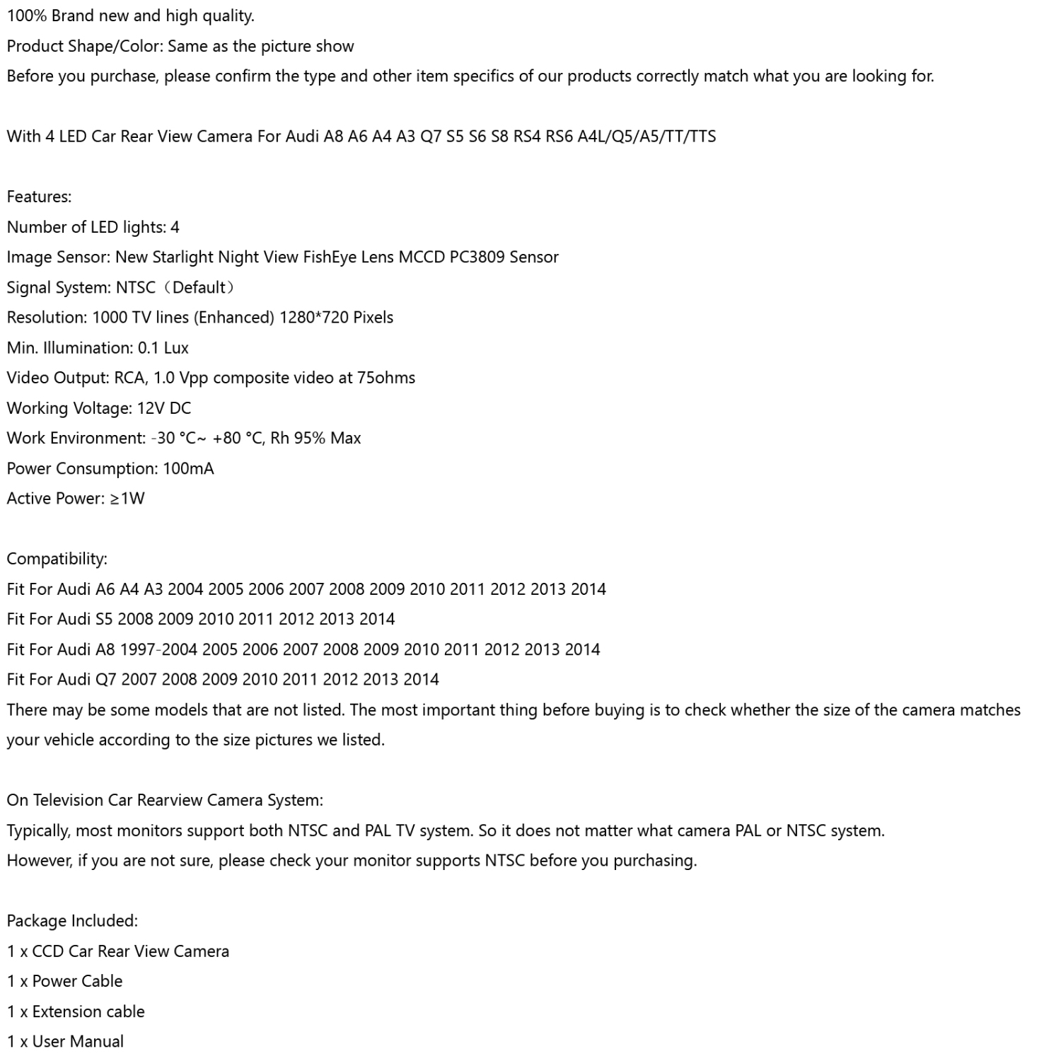 Caméra de recul 4LED pour Audi A8 A6 A4 A3 Q7 S5 S6 S8 RS4 RS6 4&nbsp;L/Q5/A5