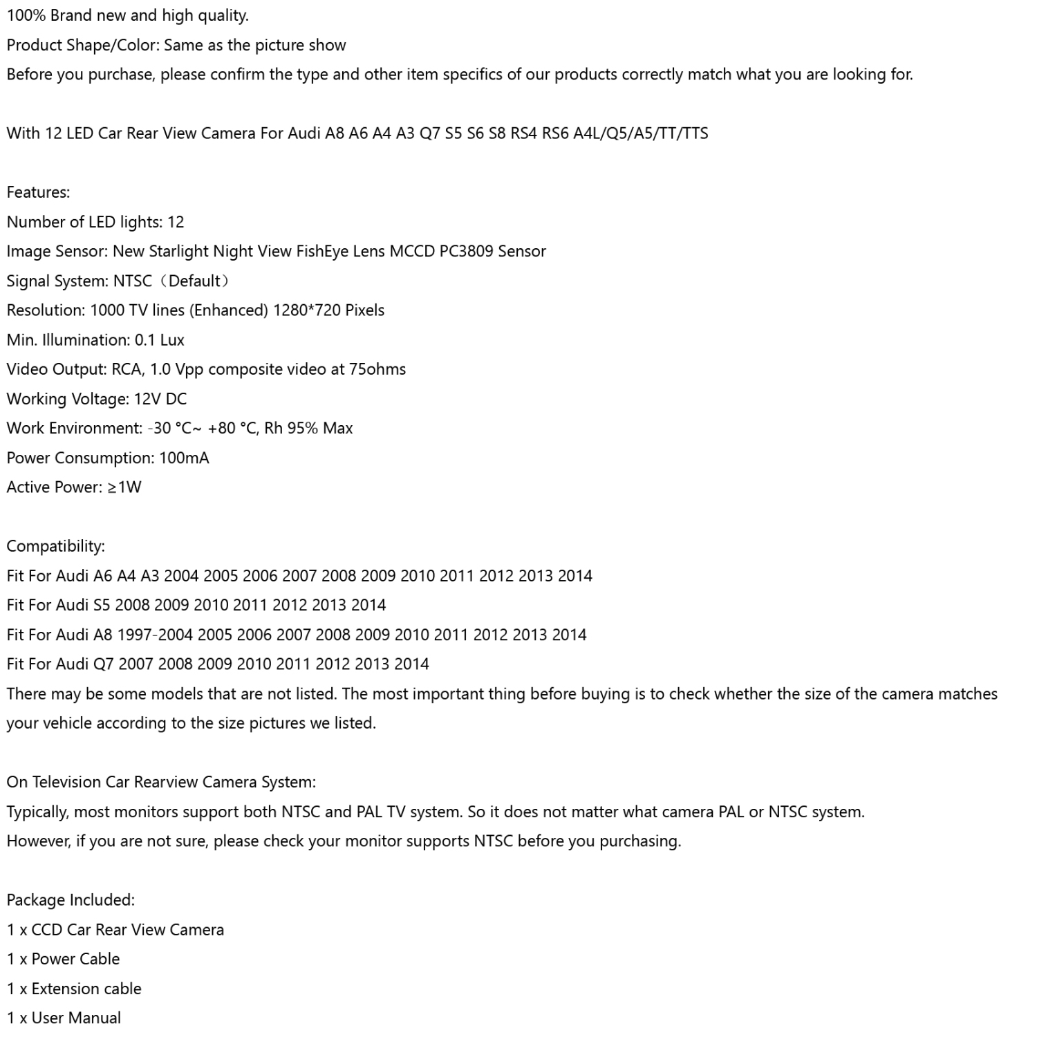 Car Reverse Backup Camera 12LED for A8 A6 A4 A3 Q7 S5 S6 S8 RS4 RS6 A4L/Q5/A5/TT