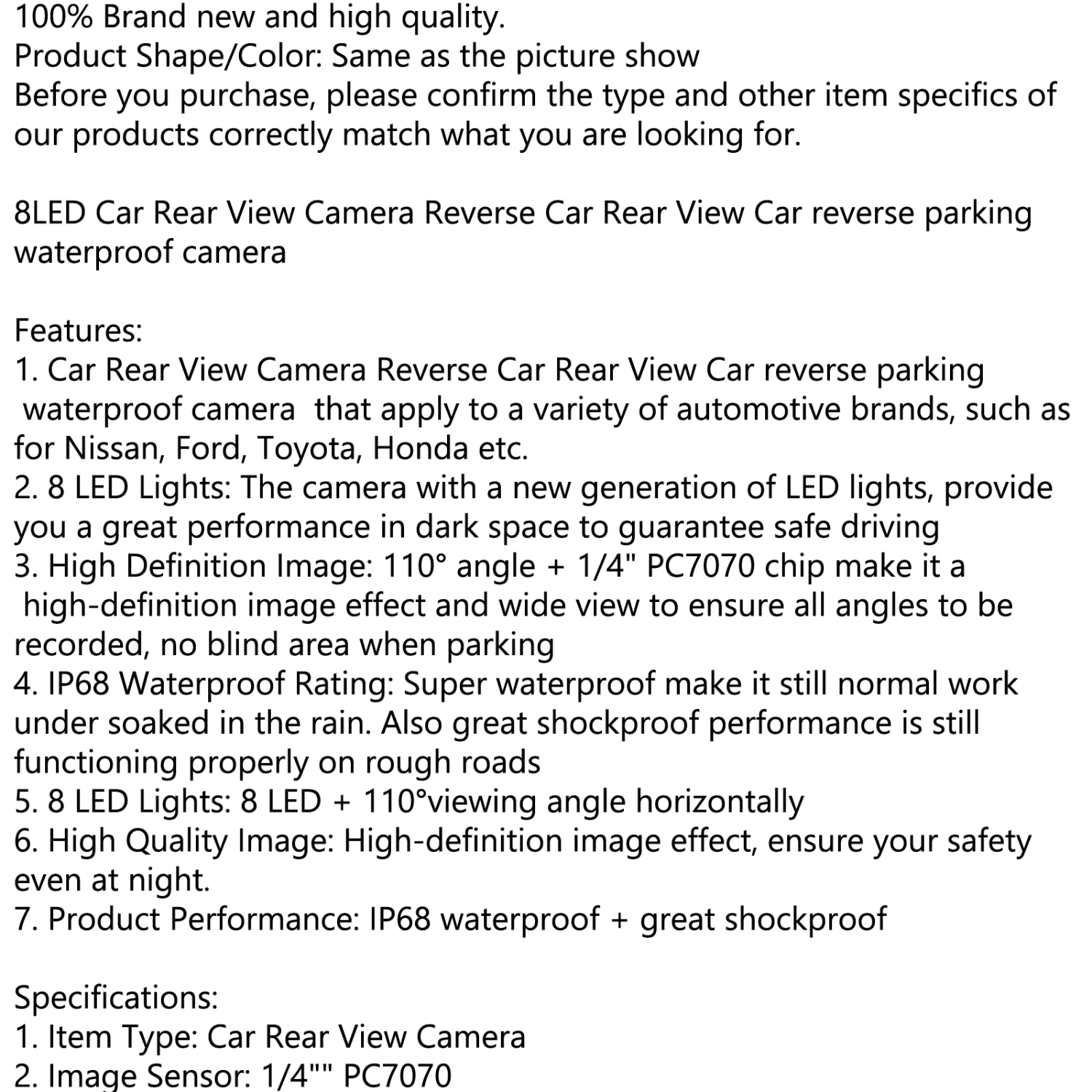 Car Rear View Backup Camera Reverse Parking License Plate System Waterproof 8LED