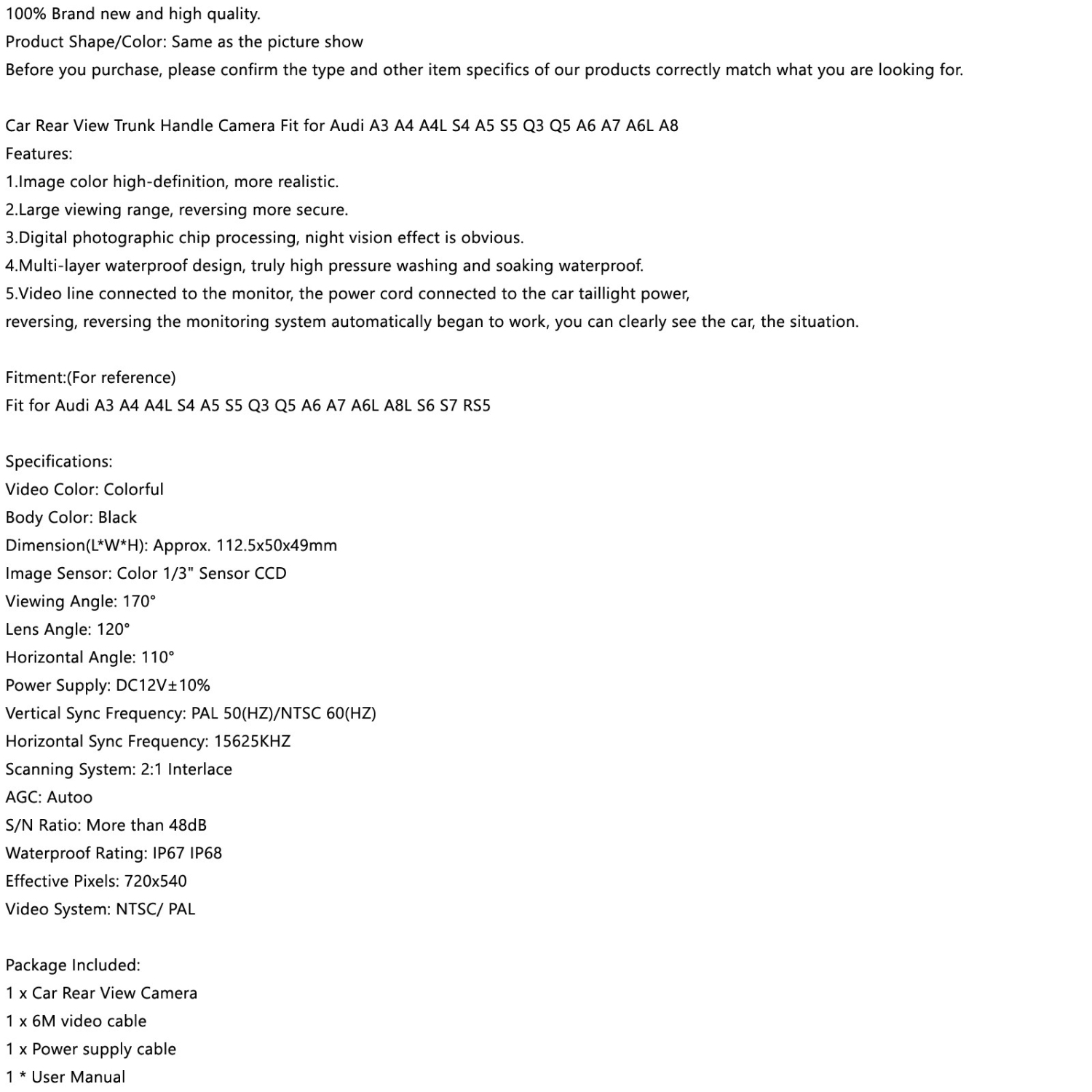 Caméra de recul de voiture pour poignée de coffre, convient pour A3 A4-4&nbsp;L S4 A5 S5 T3 Q5 A6 A7 6&nbsp;L A8