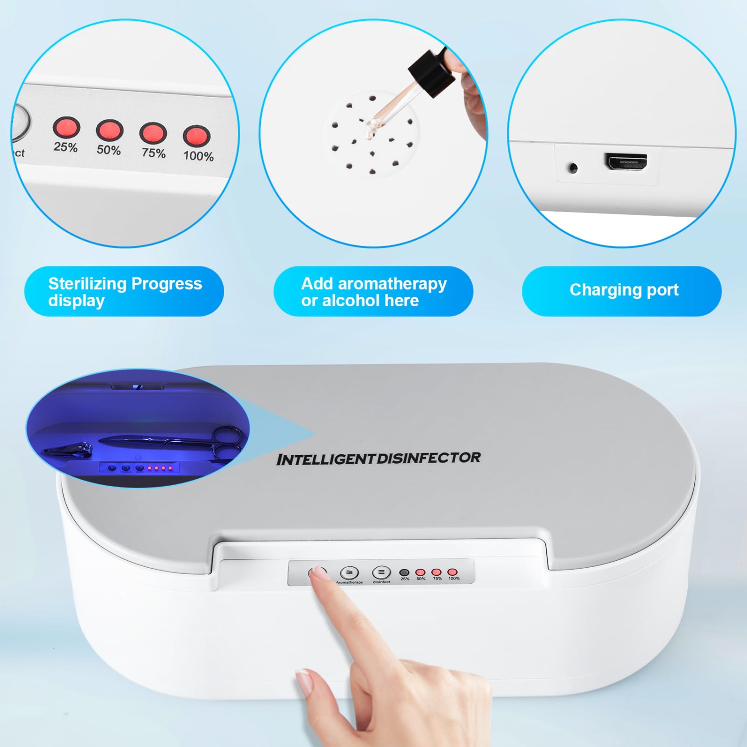 Stérilisateur multifonction Boîte de désinfection UV Anti Bactéries Machine Aromatherapy Désodorisant stérilisant pour bijoux Lunettes Téléphone