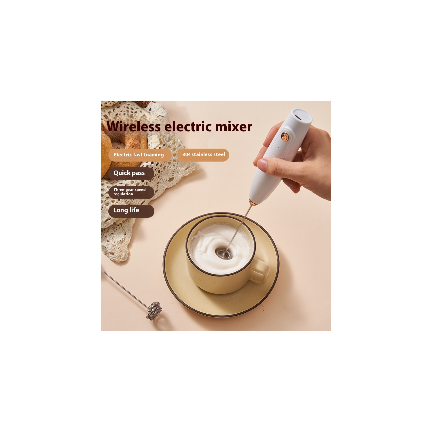 Coffee milk powder stirring cup handheld electric egg beater home baking mini cream foaming mixer stainless steel - black