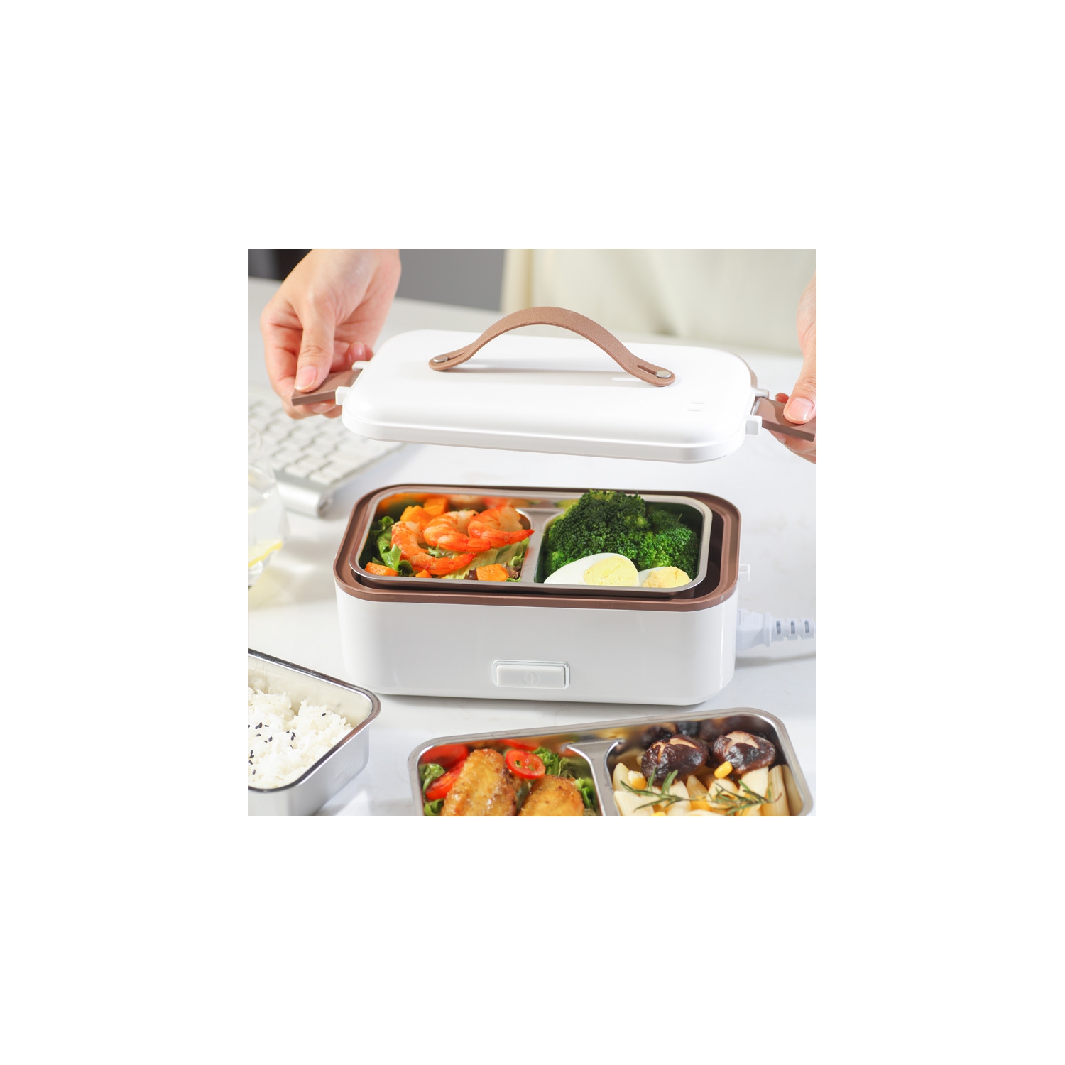 300W Multifunctional Electric Lunch Box - Stainless Steel Self-Heating Food Warmer, Leak-Proof, Fast Heating, Perfect for Office/Travel - Green