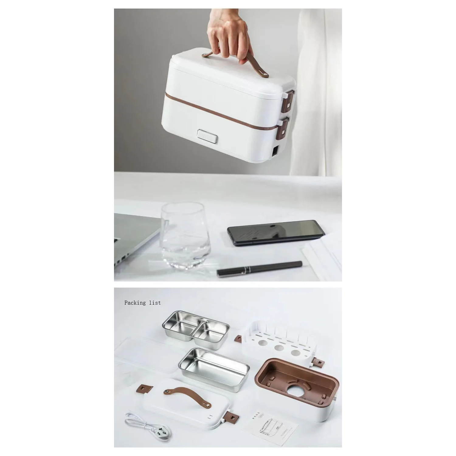 300W Multifunctional Electric Lunch Box - Stainless Steel Self-Heating Food Warmer, Leak-Proof, Fast Heating, Suitable for Offices/Travel - White