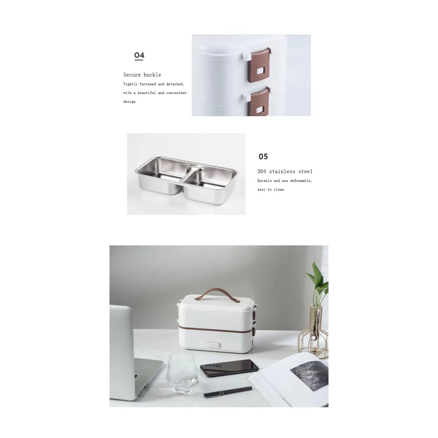 300W Multifunctional Electric Lunch Box - Stainless Steel Self-Heating Food Warmer, Leak-Proof, Fast Heating, Suitable for Offices/Travel - White