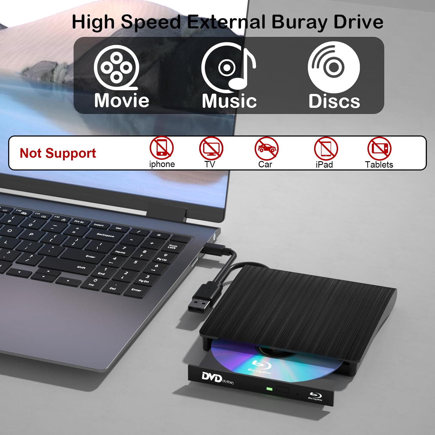 Graveur Blu-ray DVD, lecteur Blu-ray externe pour ordinateur portatif, graveur Blu-ray mobile universel - Noir brossé double