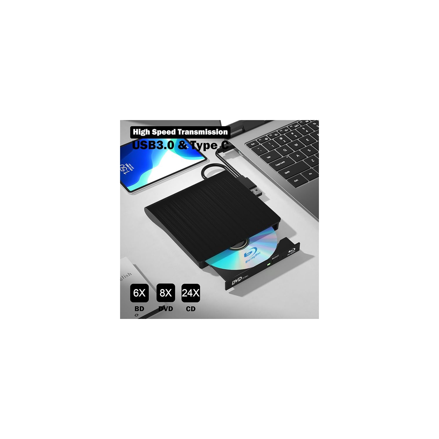 Graveur Blu-ray DVD, lecteur Blu-ray externe pour ordinateur portatif, graveur Blu-ray mobile universel - Blanc brossé double