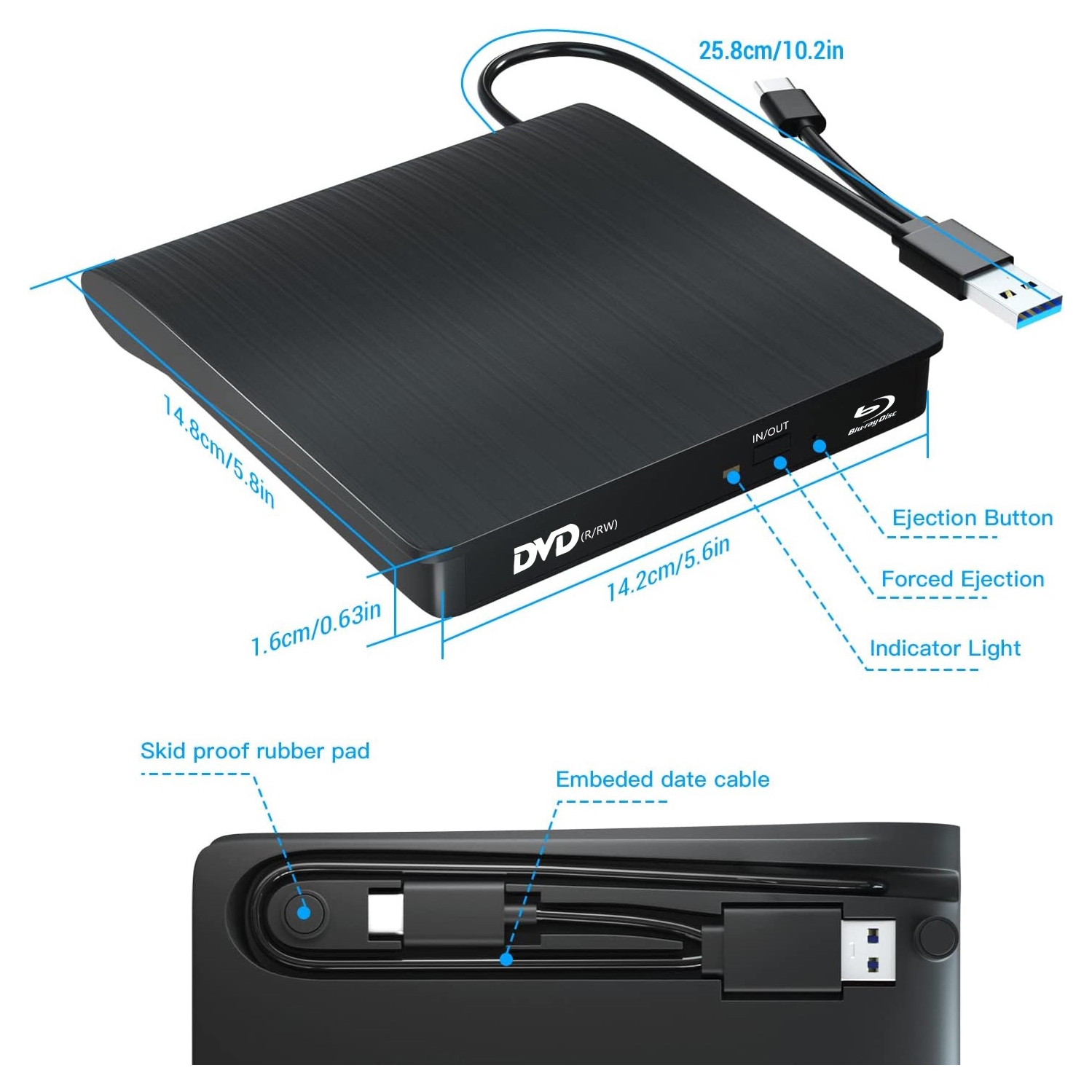 Graveur Blu-ray DVD, lecteur Blu-ray externe pour ordinateur portatif, graveur Blu-ray mobile universel - Blanc brossé double