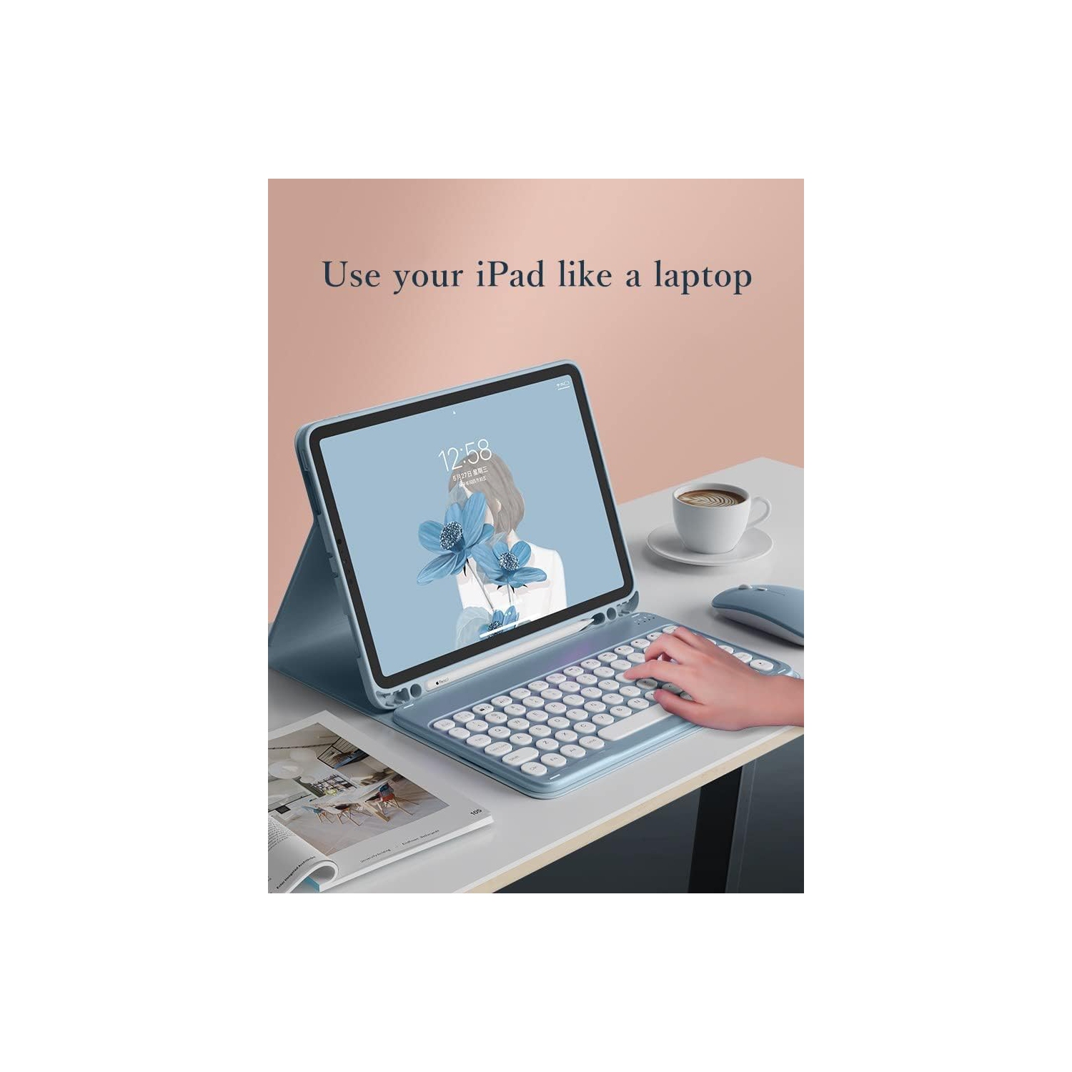 Keyboard Case for iPad Pro-12.9-inch - Green Leather Case + Round Button Bluetooth Keyboard + Dual-Mode Rechargeable Mouse