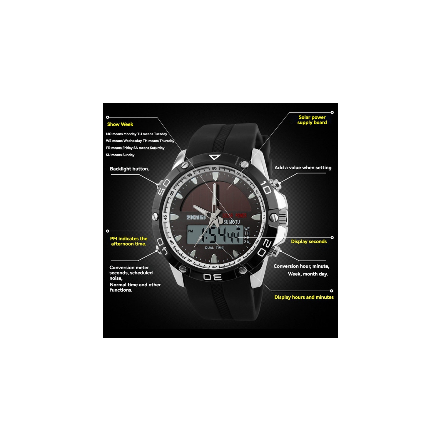 Montre sport numérique multifonctionnelle pour l'extérieur : Lumineux/Chronomètre/Heure double/Date/Alarme avec bracelet en silicone en alliage