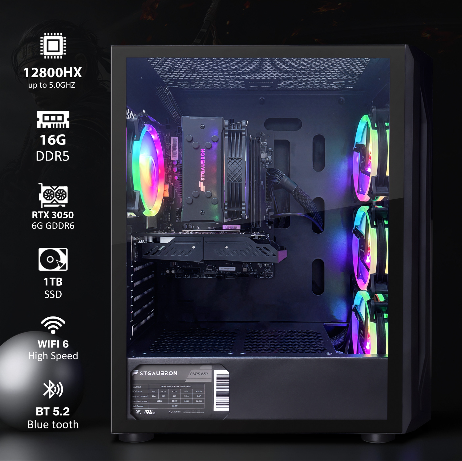 STGAubron Gaming PC Computer Desktop, Intel Core i7-12800HX up to 4.8GHz, GeForce RTX3050 6G, 16G DDR4, 1TB SSD, WIN11H