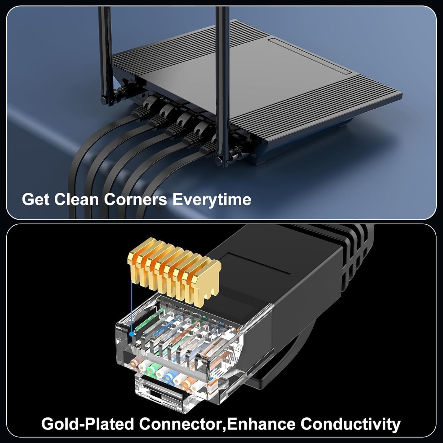 Cat6 Ethernet Cable 15ft 2Pack Black, Flat Internet Network Cord, Cat 6 Patch Cable Short, Computer Cord with Snagless RJ45 Connectors for