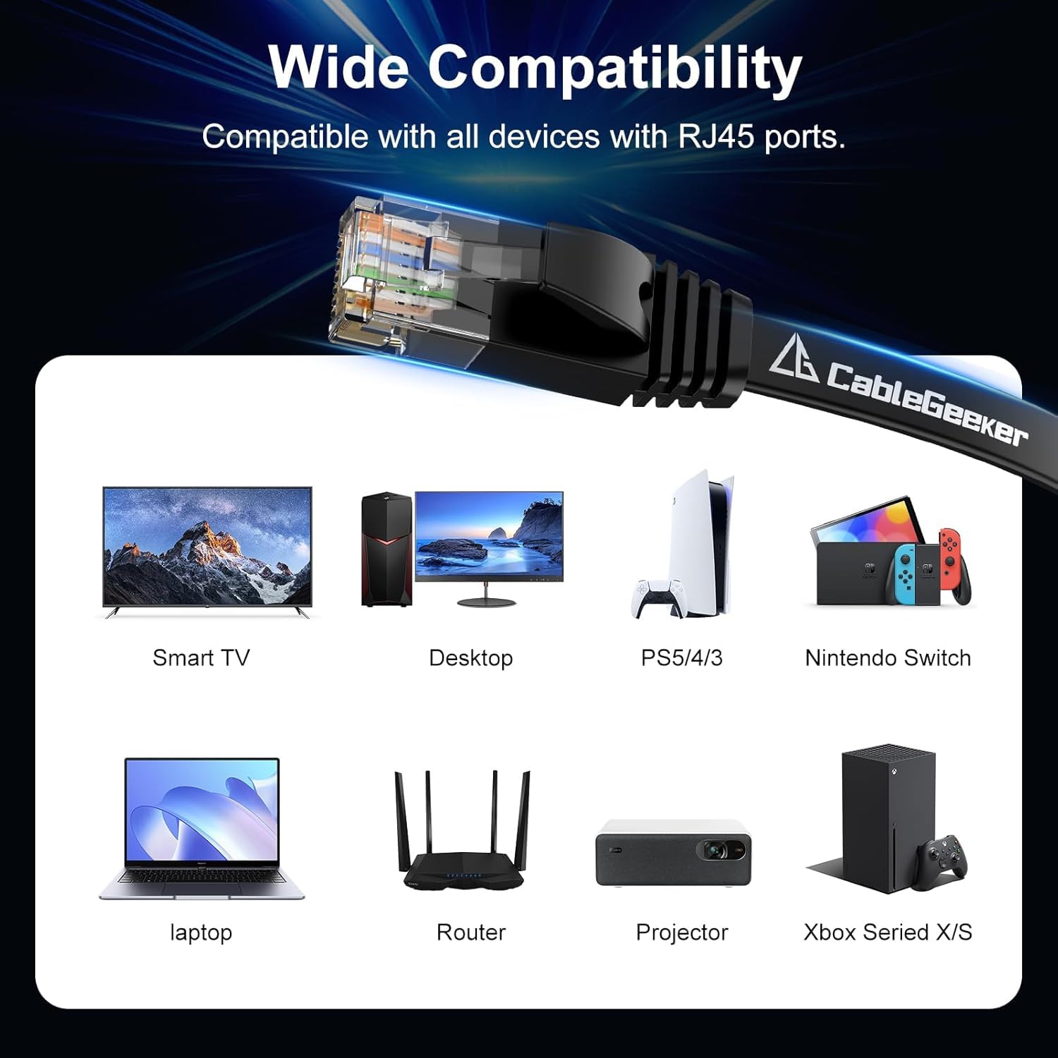 Cat6 Ethernet Cable 15ft 2Pack Black, Flat Internet Network Cord, Cat 6 Patch Cable Short, Computer Cord with Snagless RJ45 Connectors for