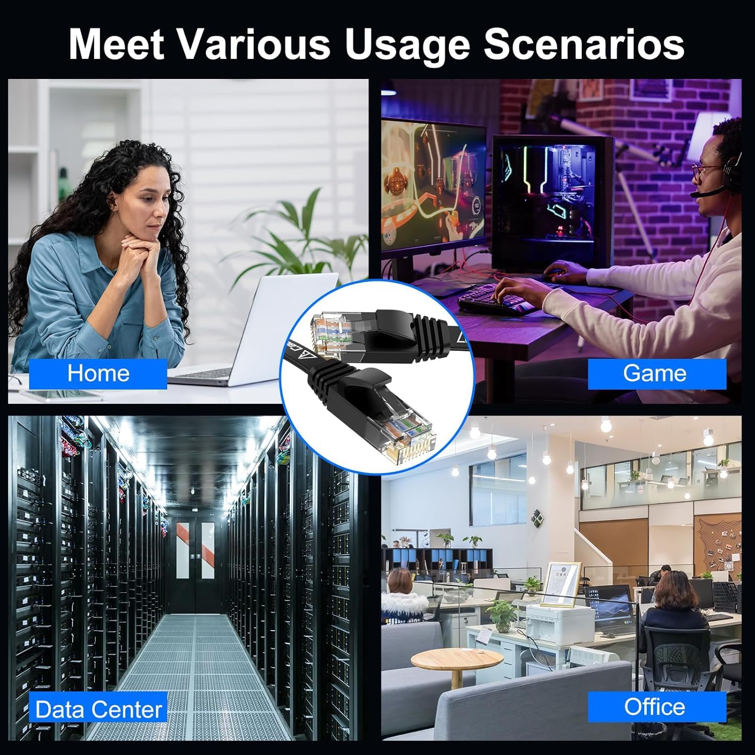 Cat6 Ethernet Cable 15ft 2Pack Black, Flat Internet Network Cord, Cat 6 Patch Cable Short, Computer Cord with Snagless RJ45 Connectors for