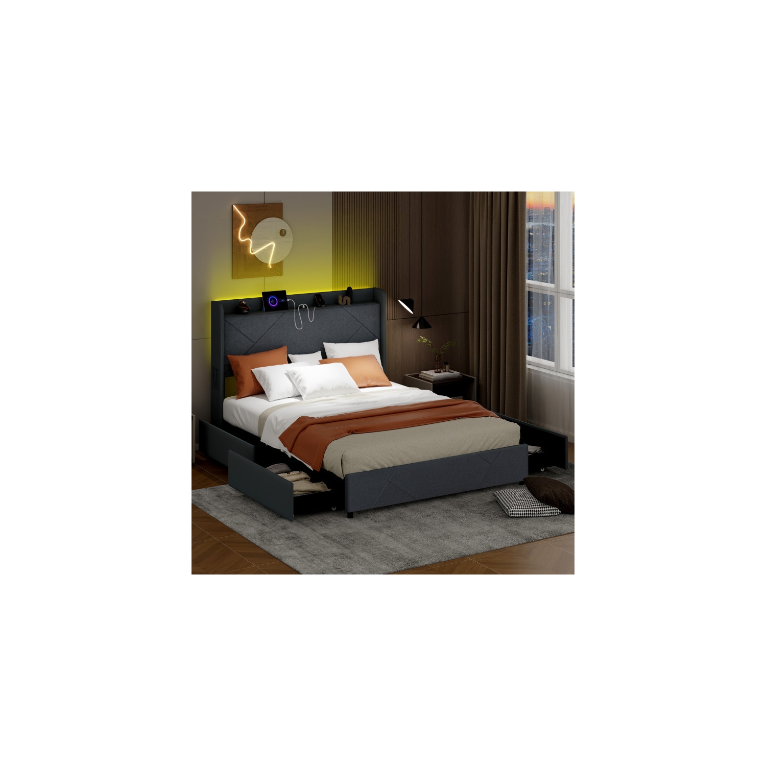 Modern Bed Frame with LED Headboard and USB Charging Ports