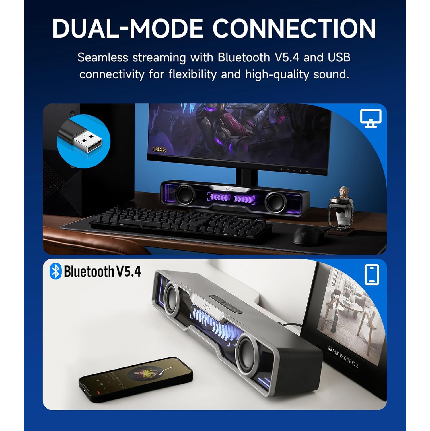 Haut-parleurs d'ordinateur QS30 Mini barre de son USB Haut-parleur d'extrêmes graves Bluetooth 5,4 avec éclairage RVB pour PC portable