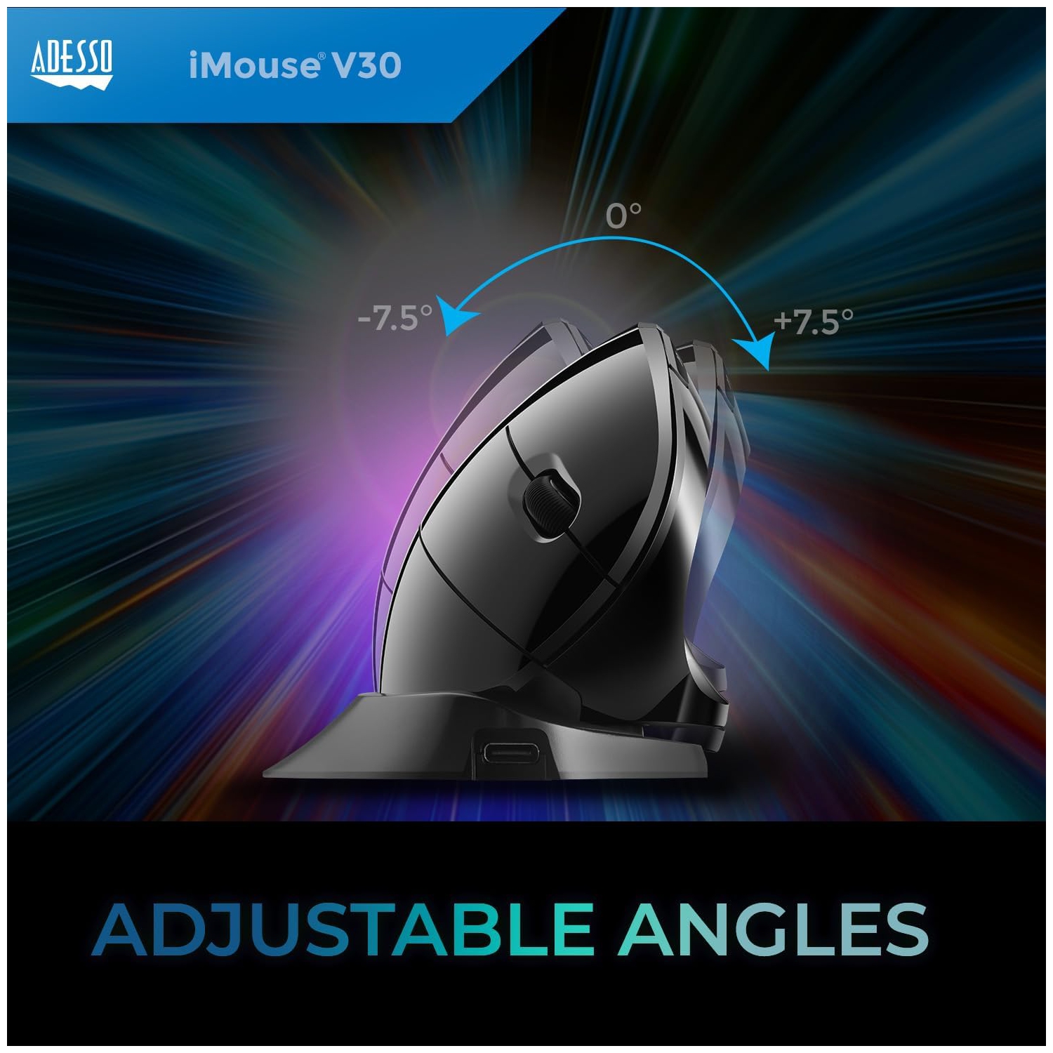 Adesso iMouse V30 Wireless Adjustable Vertical Ergonomic Mouse with Customizable Angles and DPI Switch - Advanced Optical Sensor Technology, Reduces