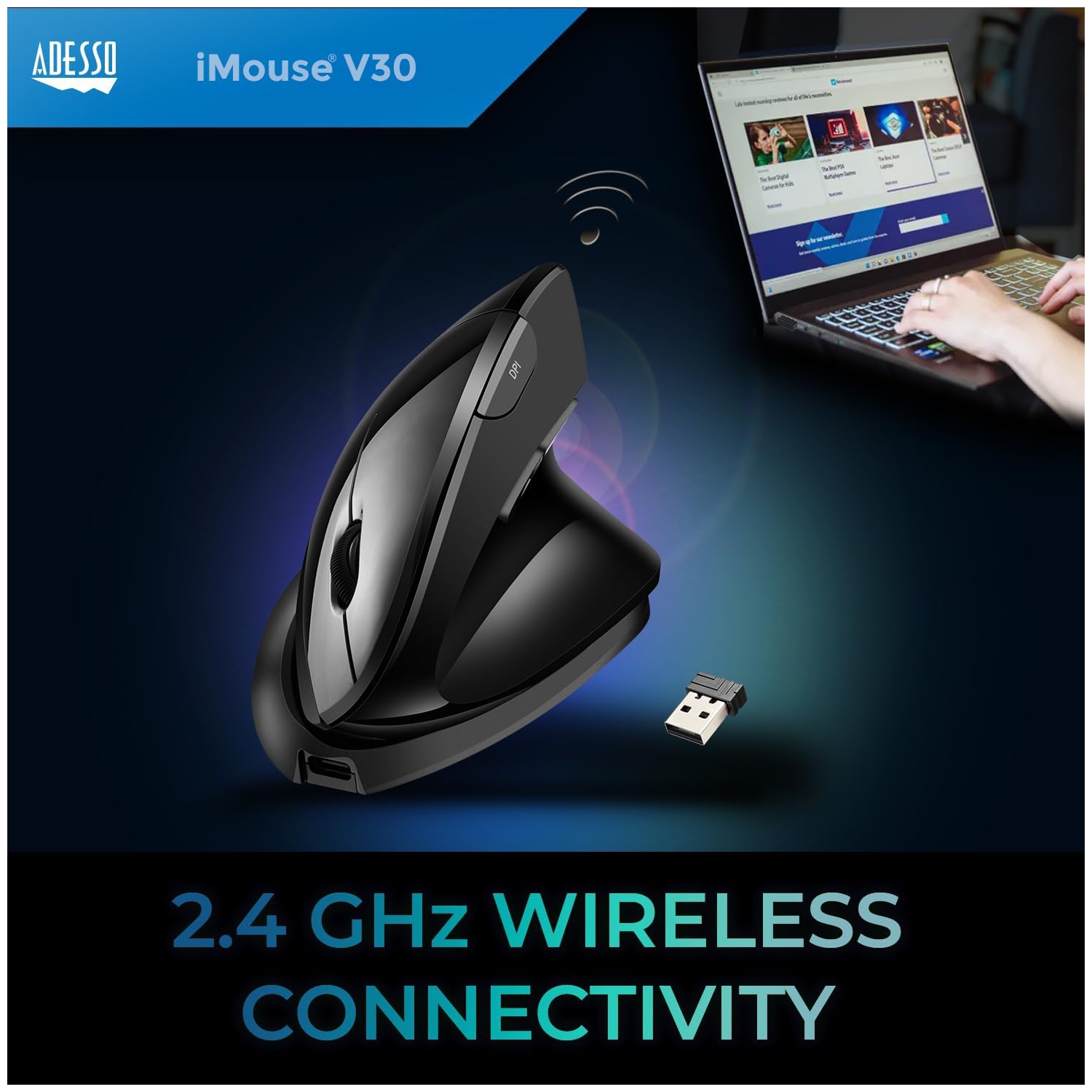 Adesso iMouse V30 Wireless Adjustable Vertical Ergonomic Mouse with Customizable Angles and DPI Switch - Advanced Optical Sensor Technology, Reduces