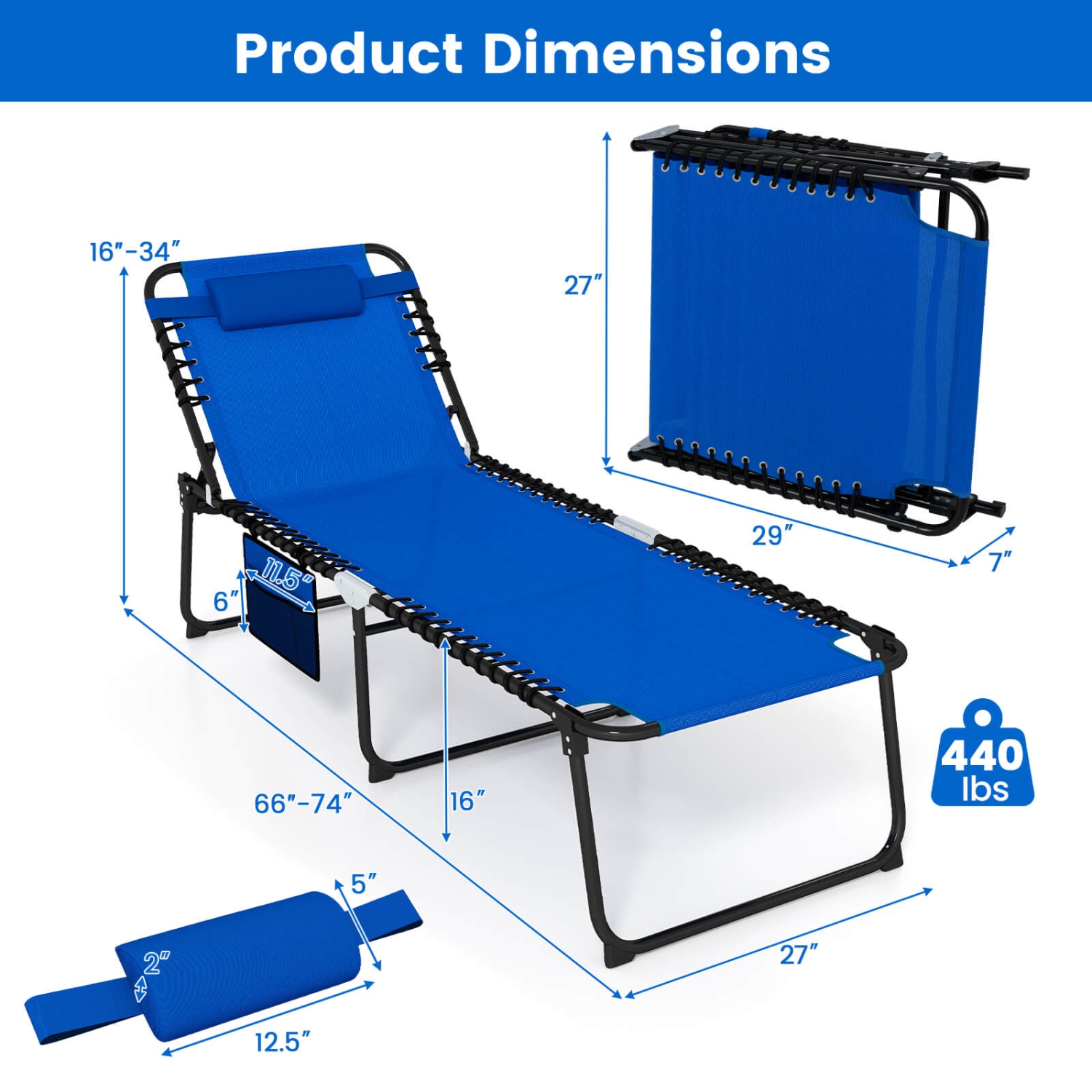 Costway 1 PCS Oversize Folding Chaise Lounge with Adjustable Backrest Detachable Pillow Pocket Navy