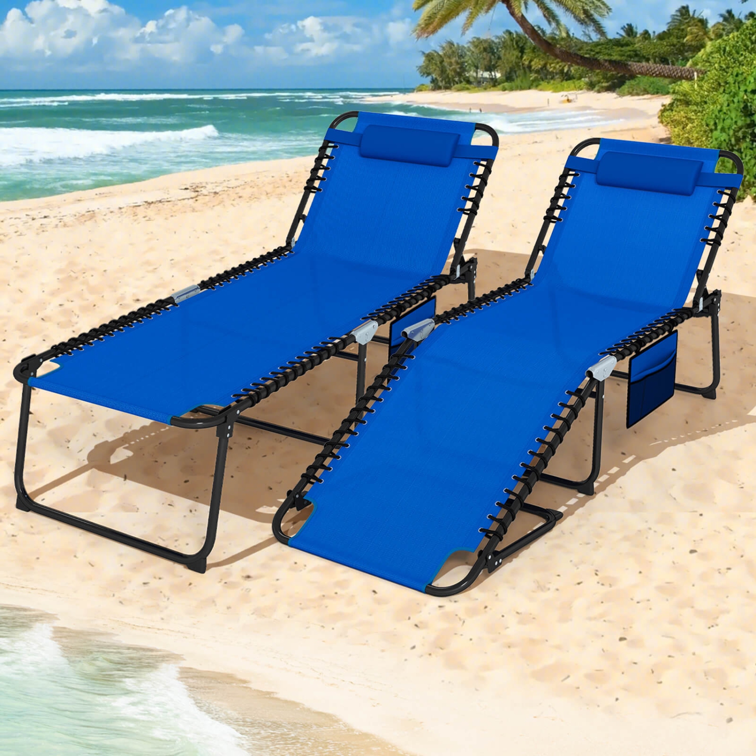 Costway 1 PCS Oversize Folding Chaise Lounge with Adjustable Backrest Detachable Pillow Pocket Navy