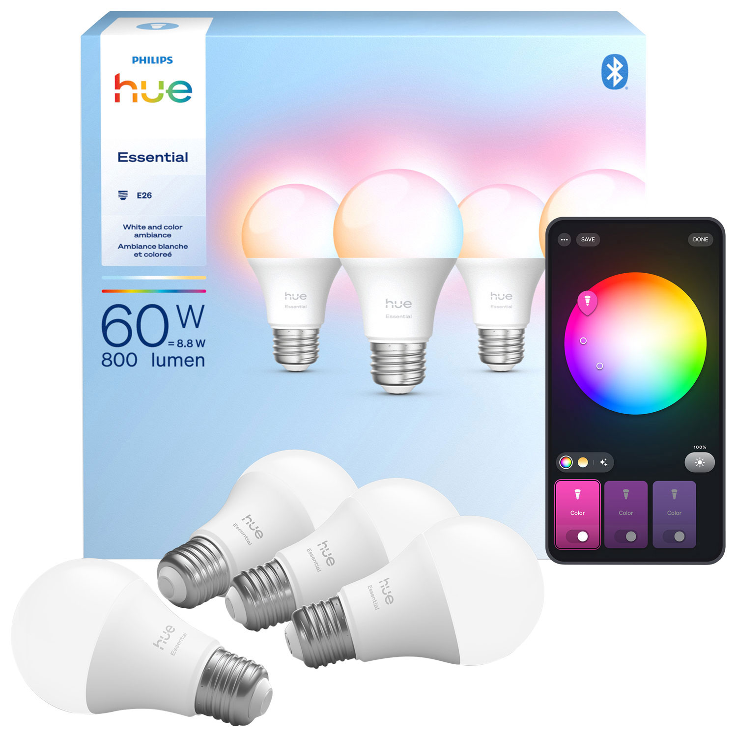Ampoules DEL intelligentes Hue Essential A19 de Philips - Ensemble de 4 - Ambiance blanche et colorée - Exclusivité Best Buy