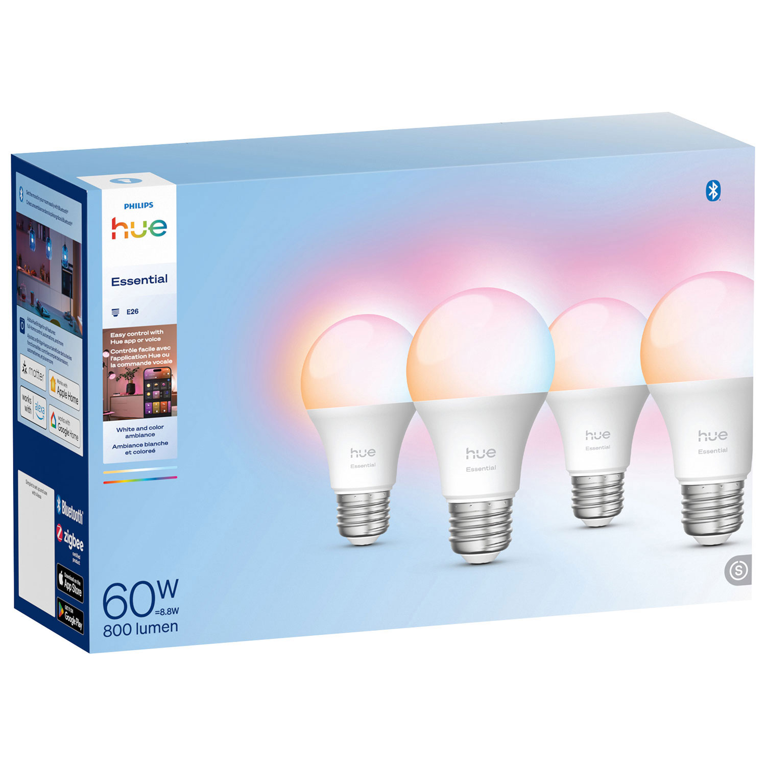 Ampoules DEL intelligentes Hue Essential A19 de Philips - Ensemble de 4 - Ambiance blanche et colorée - Exclusivité Best Buy