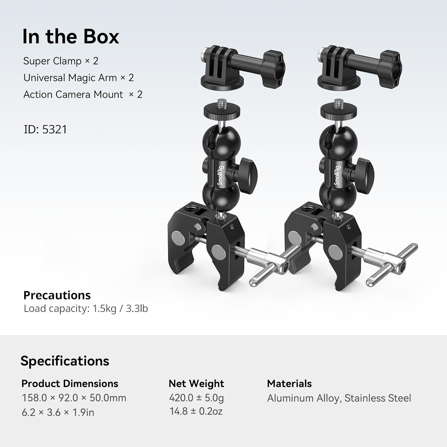 SMALLRIG Super Camera Clamp Mount 2-Pack, Double Ball Head Magic Arm Adapter, Fence/Desk/Tripod Mount for Monitor/Light/Camera, for Insta360, for