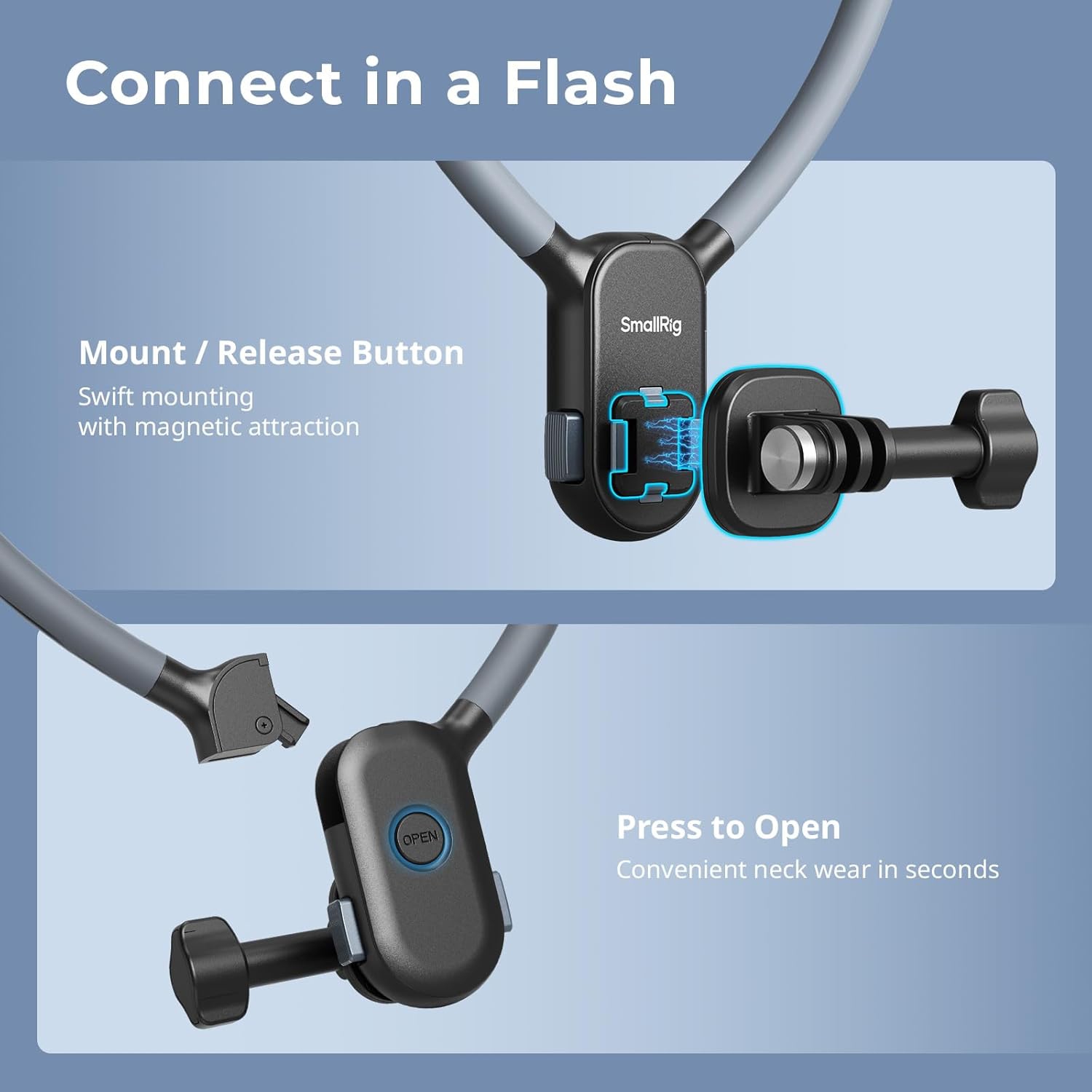 SmallRig Magnetic Neck Mount for Action Camera, Quick Release One-Click Button & Ergonomic Design, for GoPro Hero 12/11/10/9, for DJI Action 4/5, for