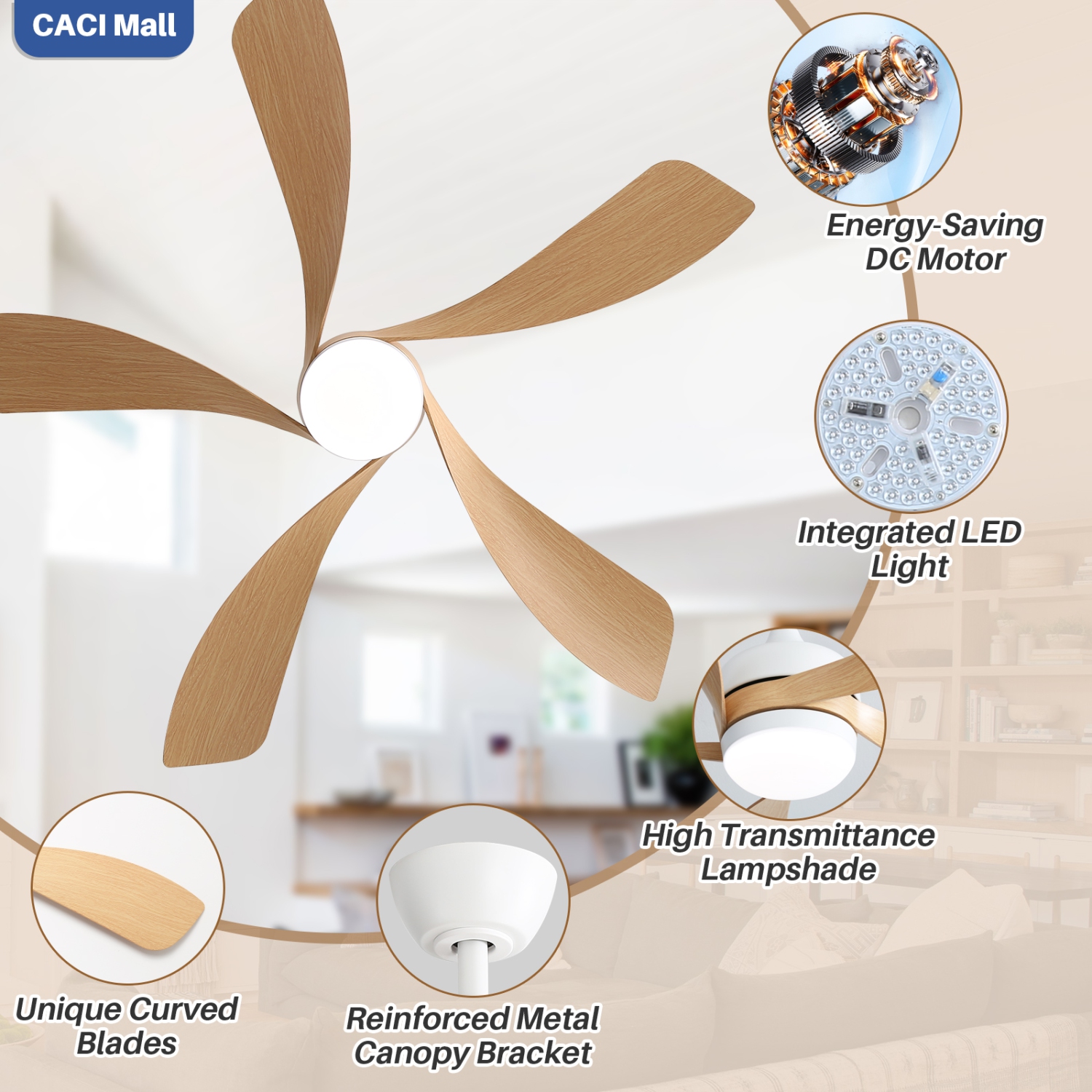 Ventilateur de plafond de 52&nbsp;po avec télécommande et lumières Moteur c.c. silencieux à 5 pales en ABS Ventilateur de plafond moderne Chambres à