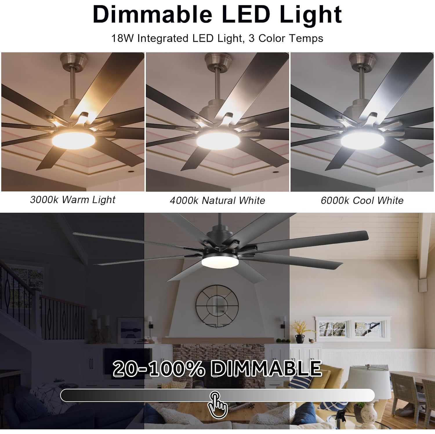 Très grand ventilateur de plafond intelligent de 66&nbsp;po et APPLICATION D'éclairage Télécommande à 8 pales Ventilateur de plafond moderne à 8 bras