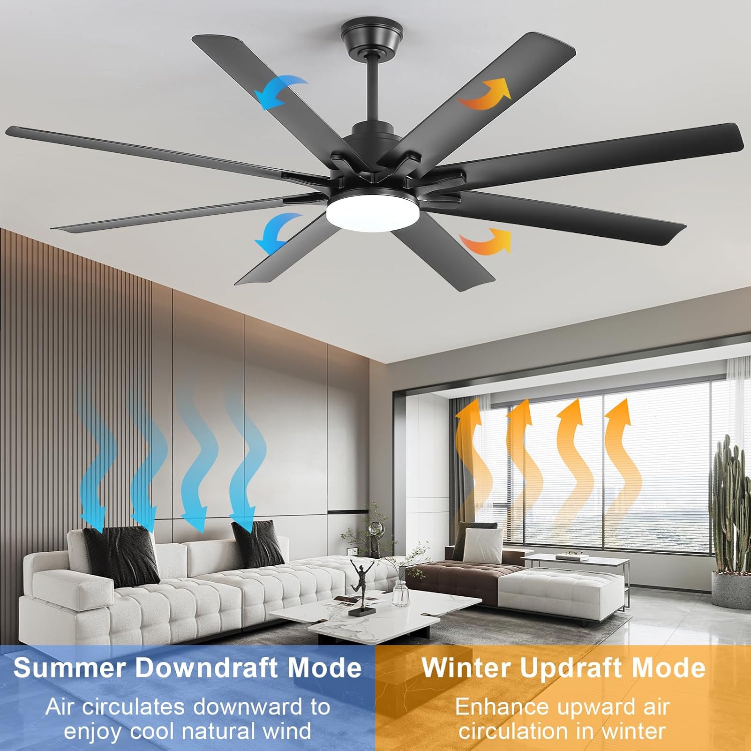 Très grand ventilateur de plafond intelligent de 66&nbsp;po et APPLICATION D'éclairage Télécommande à 8 pales Ventilateur de plafond moderne à 8 bras