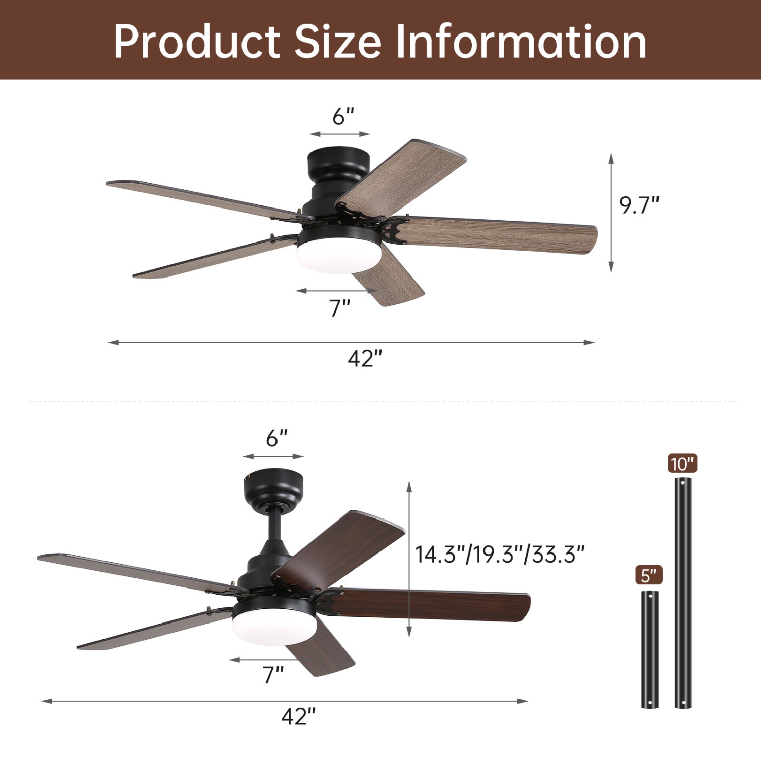 42 Inch Modern Flush Mount Ceiling Fan with Light and Remote 6 Adjustable Wind Speed Downrod With Dual Finish Blades