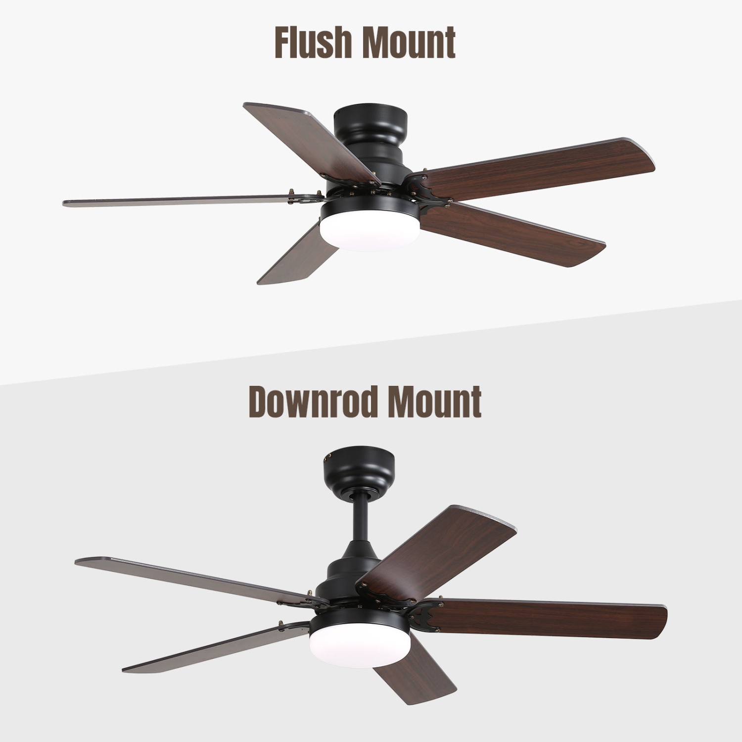 42 Inch Modern Flush Mount Ceiling Fan with Light and Remote 6 Adjustable Wind Speed Downrod With Dual Finish Blades