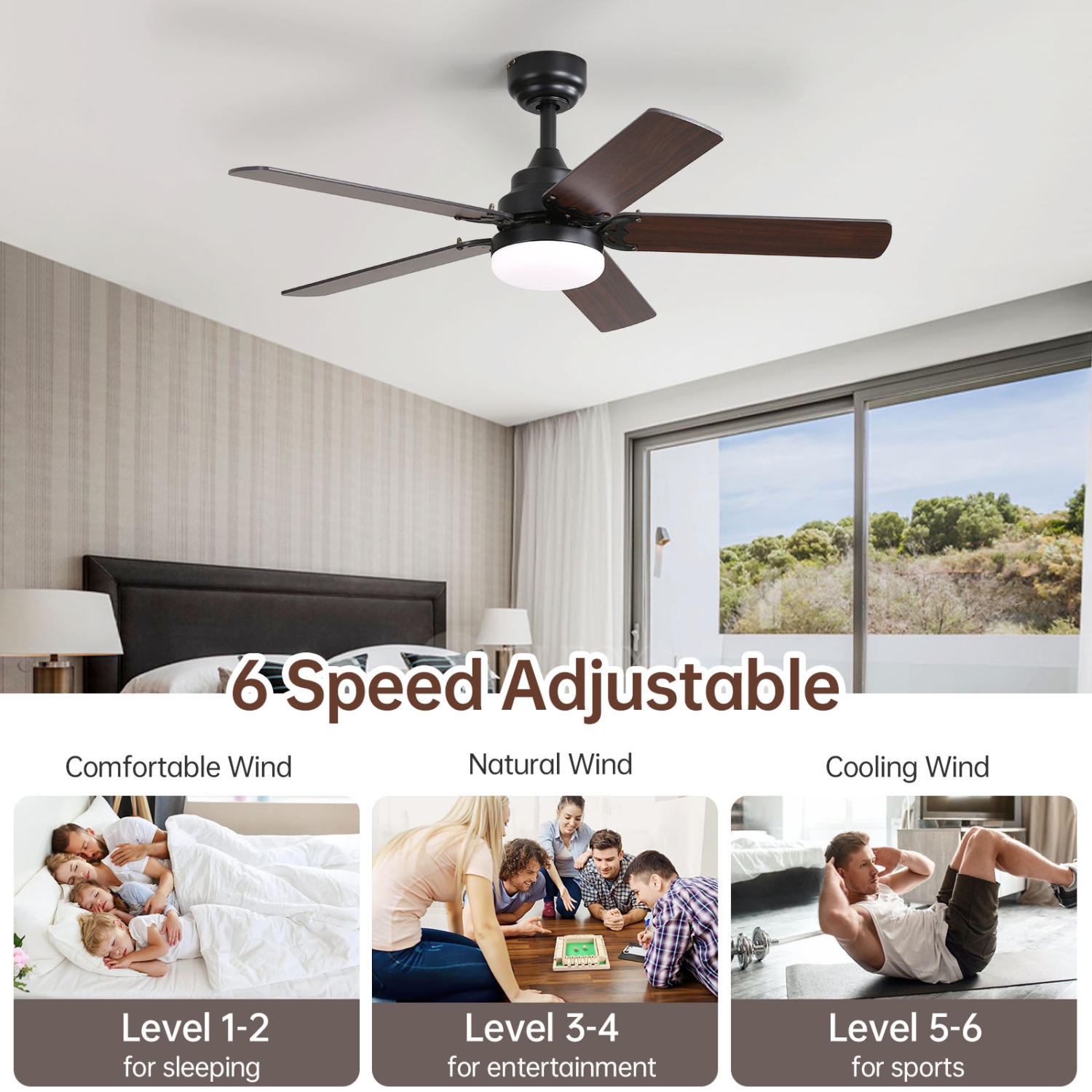 42 Inch Modern Flush Mount Ceiling Fan with Light and Remote 6 Adjustable Wind Speed Downrod With Dual Finish Blades