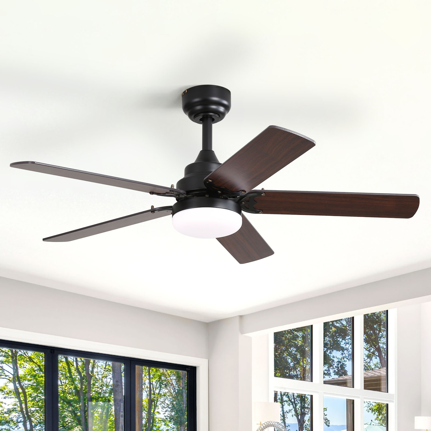 42 Inch Modern Flush Mount Ceiling Fan with Light and Remote 6 Adjustable Wind Speed Downrod With Dual Finish Blades