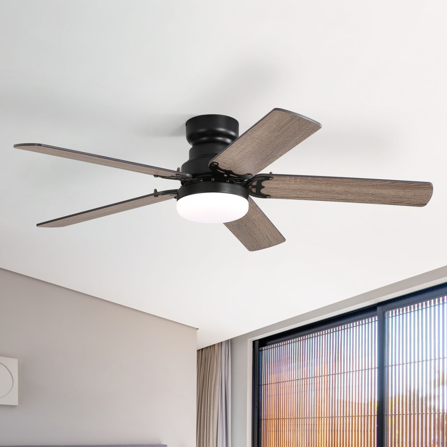 42 Inch Modern Flush Mount Ceiling Fan with Light and Remote 6 Adjustable Wind Speed Downrod With Dual Finish Blades